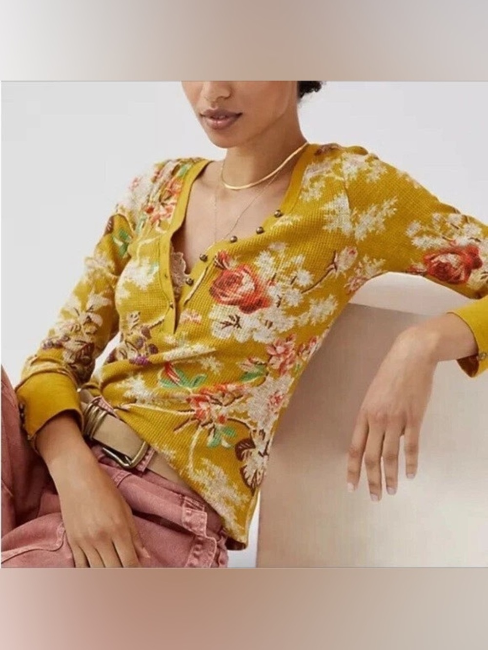 Anthropologie/pilcro Floral Henley Ribbed Top - Mustard Yellow